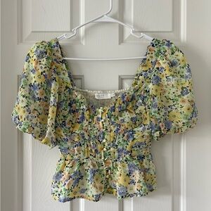ASTR The Label Floral Puff Sleeve Puplum Too Blouse XS